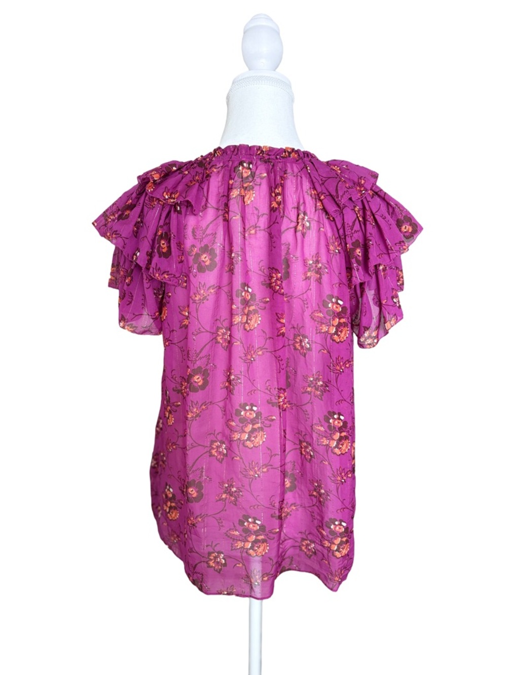 Ulla Johnson Silk Blend Fuchsia Floral Blouse Size 8 Boho Ruffle Sleeve Top - Picture 4 of 6